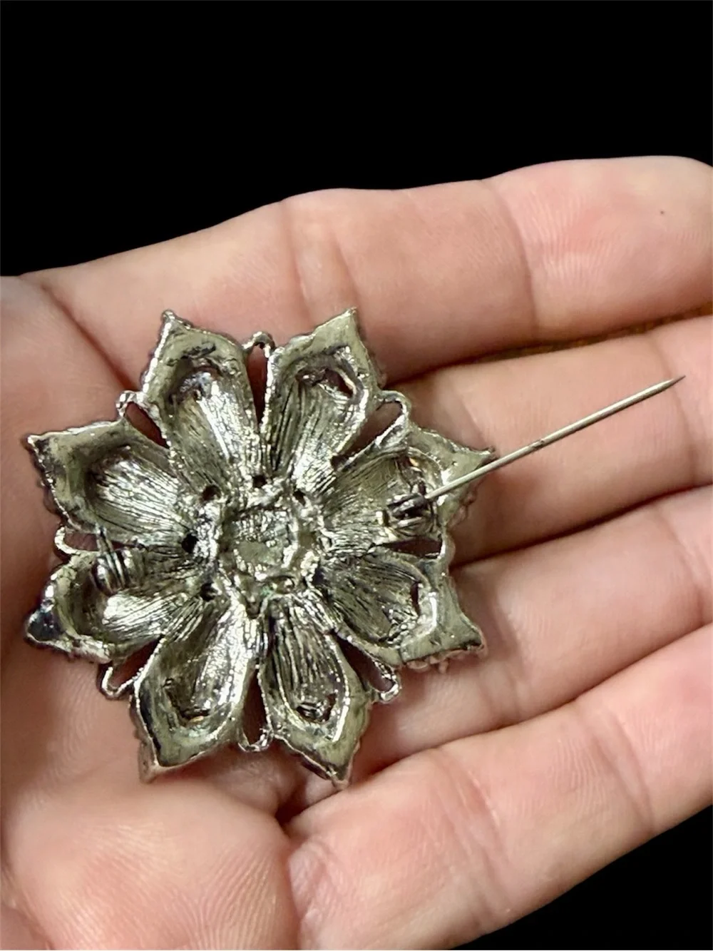 Vintage Silver Pink Rhinestone Floral Starburst Brooch Flower Pin 2
